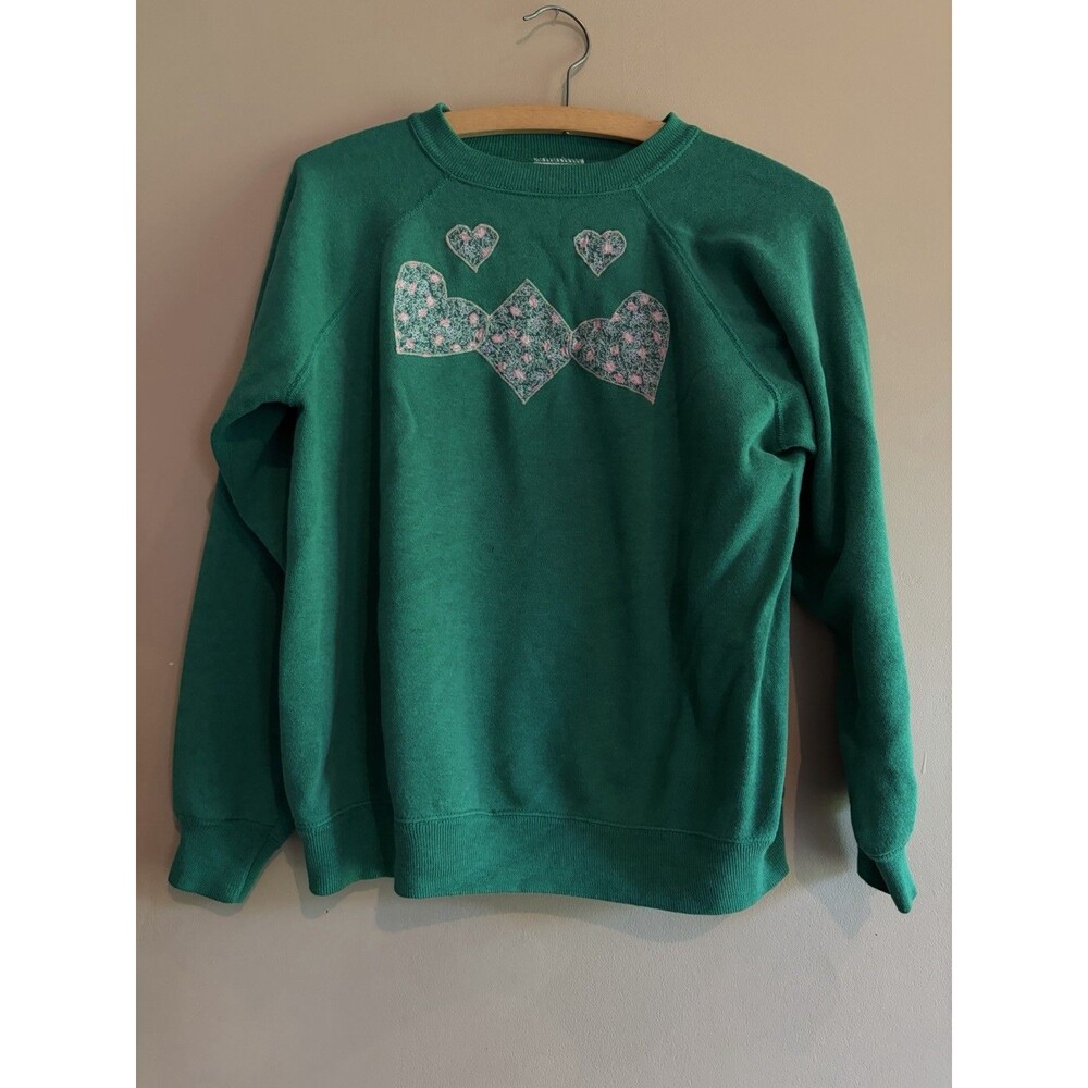 VTG Grandma Cottage Heart Appliqué 90s Womens M Hanes Her Way Green Sweatshirt